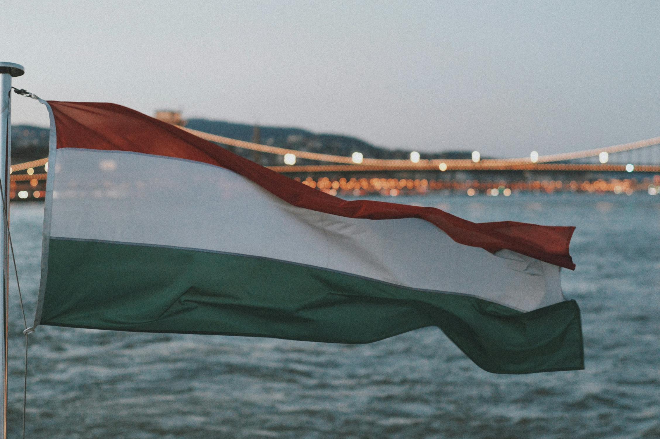 Hungarian flag billowing over the Danube, Budapest